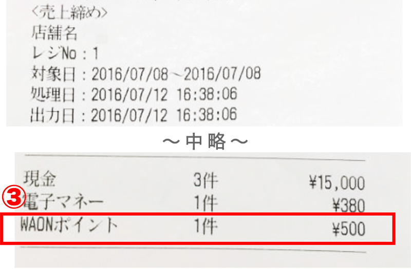 日報レシートに WAON ポイント分の支払件数と金額を印字します。