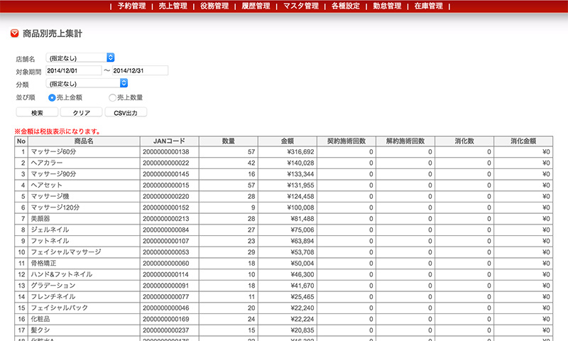 美容サロン専用ソフトBeSALO「商品別売上集計」管理画面