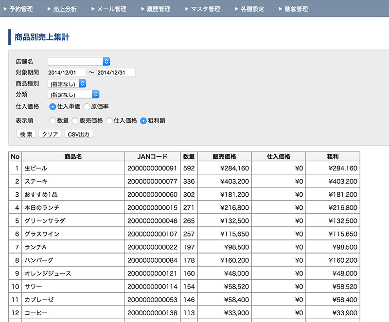 飲食店専用ソフトBeSHOKU「商品別売上集計」管理画面